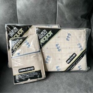 Vintage Pequot No-Iron Percale Double Sheets Pillow Case Set Beige Blue Floral